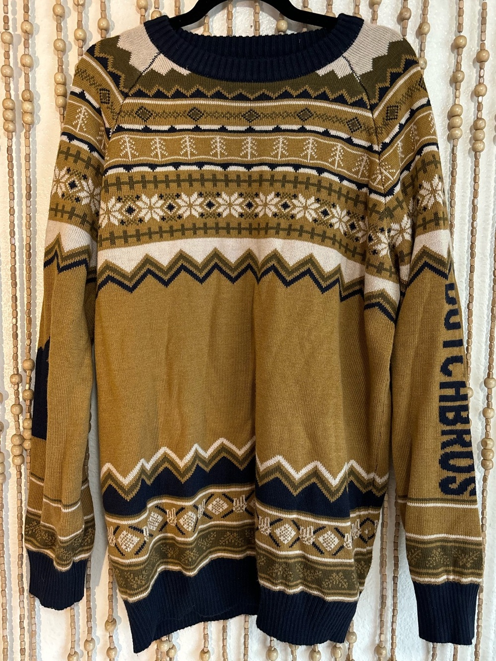 Dutch Bros Coffee Tan Navy Long Sleeve Crew Long Sleeve Nordic Knit Sweater